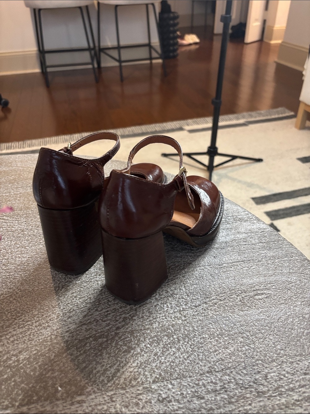 Women’s Brown Patent Mary Jane Block Heel Pumps with Ankle Strap - Picture 4 of 4